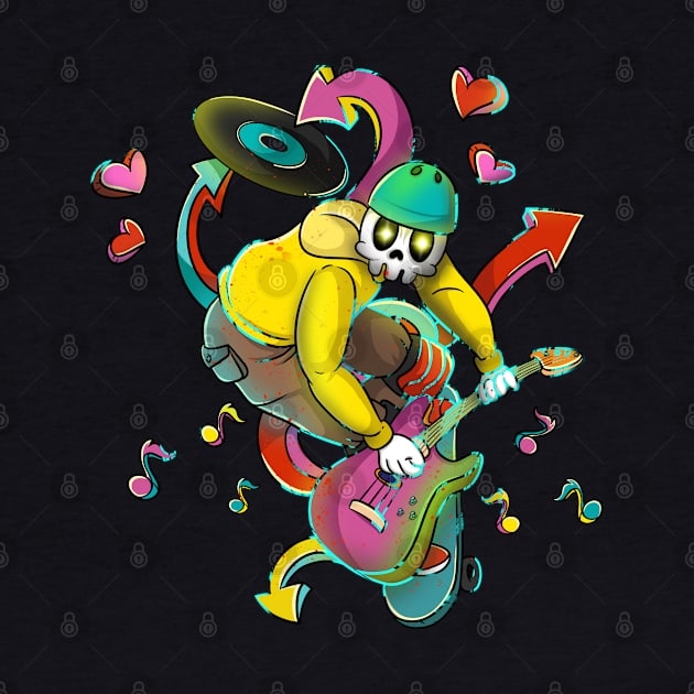 Skateboarding Skelton Guitarist Skull Skater by Trendy Black Sheep